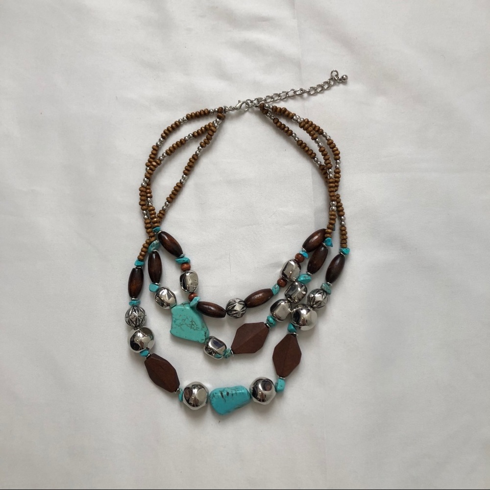 Necklace 3 layered brown and teal stones